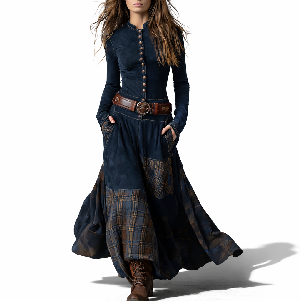 Elira™ Rochie Lungă Vintage din Suede în Carouri (cu Curea)