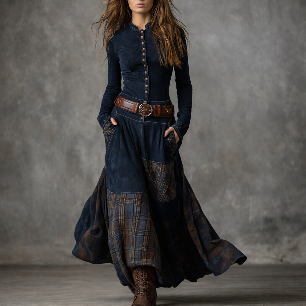 Elira™ Rochie Lungă Vintage din Suede în Carouri (cu Curea)