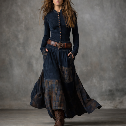 Elira™ Rochie Lungă Vintage din Suede în Carouri (cu Curea)