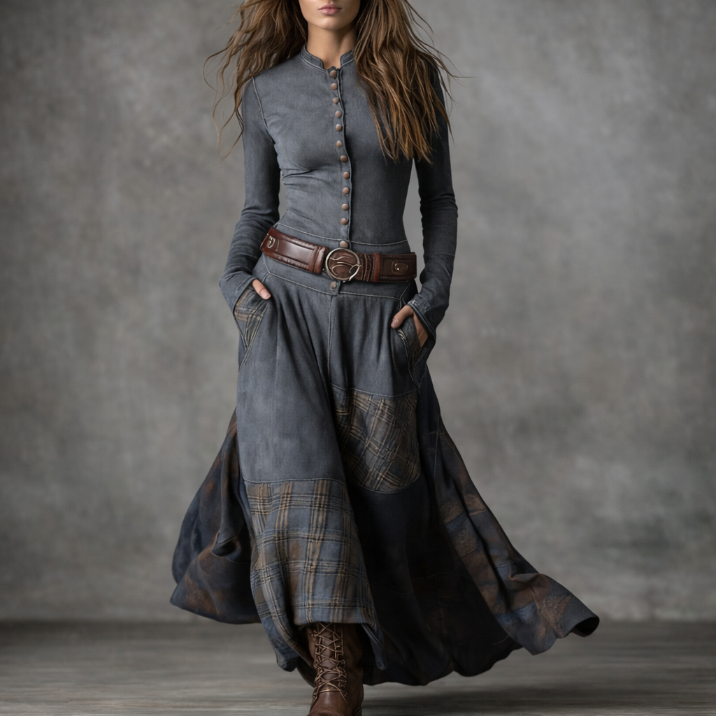 Elira™ Rochie Lungă Vintage din Suede în Carouri (cu Curea)