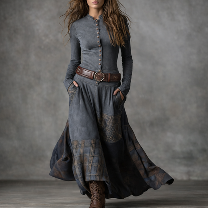 Elira™ Rochie Lungă Vintage din Suede în Carouri (cu Curea)