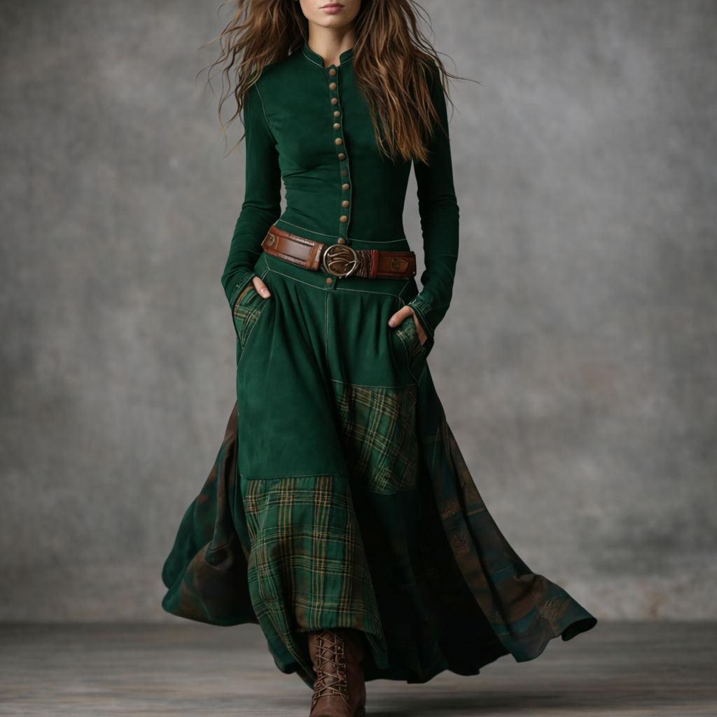 Elira™ Rochie Lungă Vintage din Suede în Carouri (cu Curea)