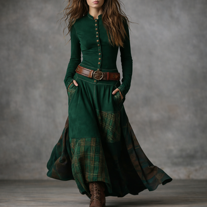 Elira™ Rochie Lungă Vintage din Suede în Carouri (cu Curea)