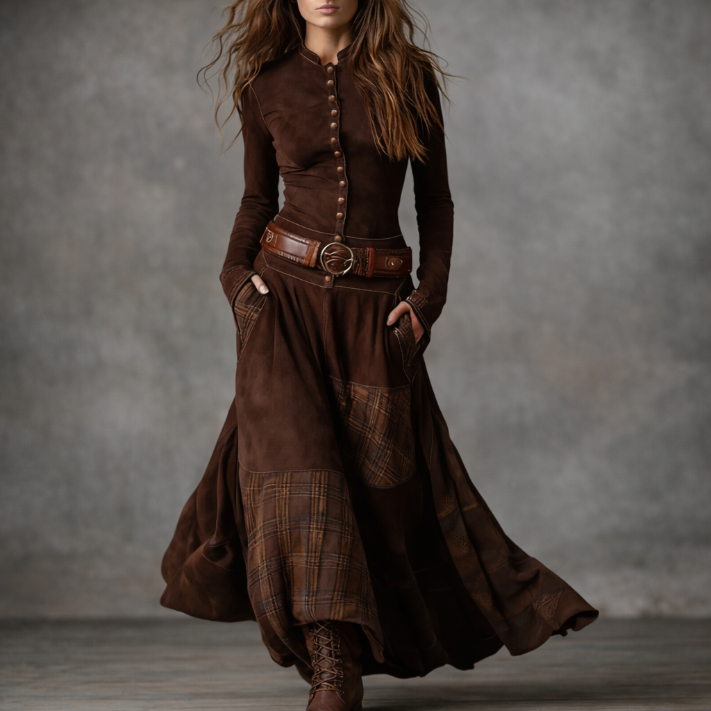 Elira™ Rochie Lungă Vintage din Suede în Carouri (cu Curea)