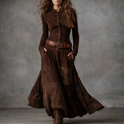 Elira™ Rochie Lungă Vintage din Suede în Carouri (cu Curea)